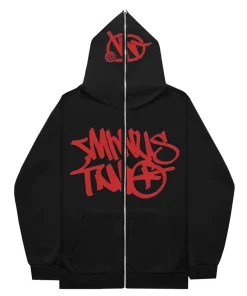 Minus Two Full Zipper Red Black Hoodie premium streetwear zip-up hoodie