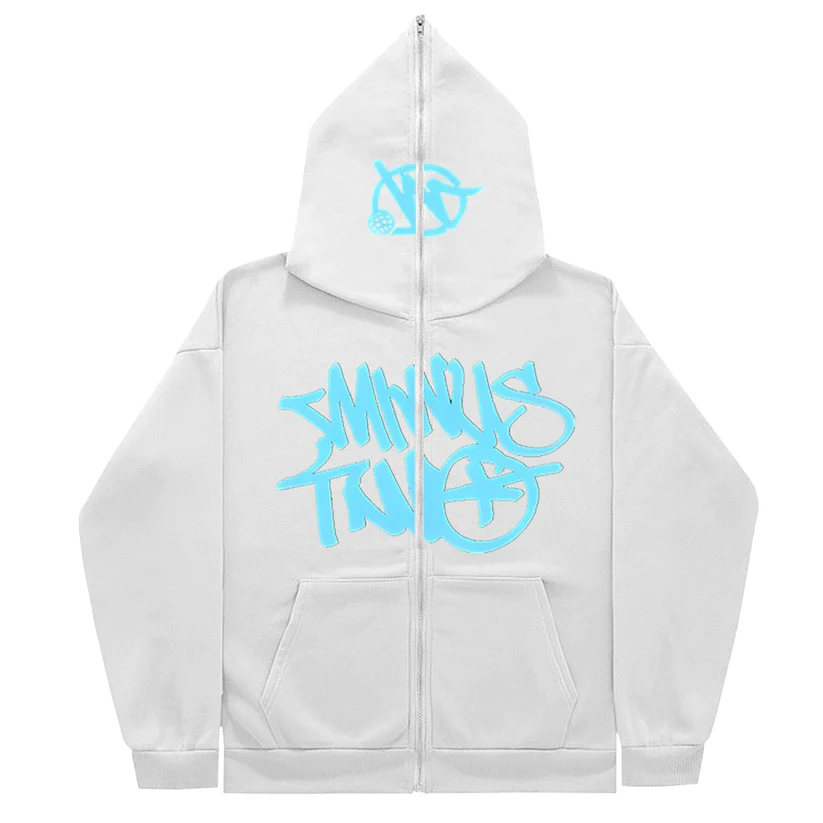 Minus Two Full Zipper Blue Hoodie White premium streetwear zip-up hoodie