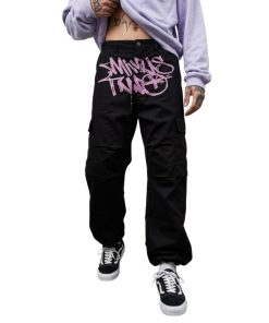 Minus Two Black Cargo Pant With Pink Logo