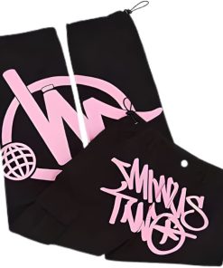Minus Two black cargo pant with pink logo premium streetwear cargo pants for men and women