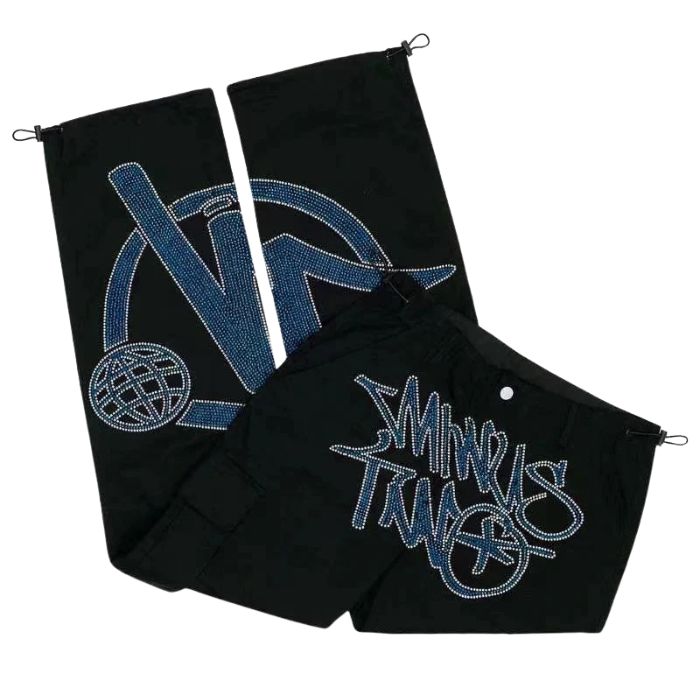 Minus Two Black Pants With Blue Rhinestone premium streetwear pants for men and women