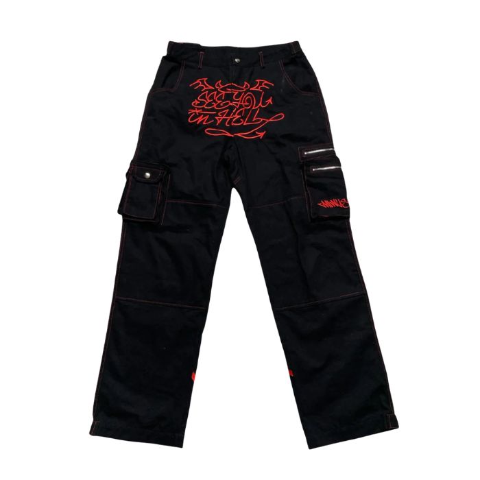 Minus Two Cargo Black Pants With Devil Embroidery premium streetwear cargo pants