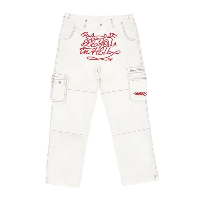Minus Two Cargo White Pants With Devil Embroidery premium streetwear cargo pants