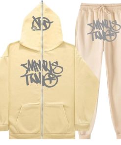 Minus Two Y2K Graffiti Full-Zip Tracksuit Set Beige/Grey