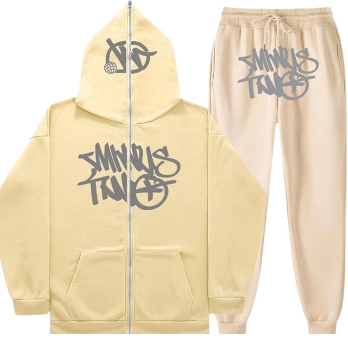 Minus Two Y2K Graffiti Full-Zip Tracksuit Set Beige/Grey