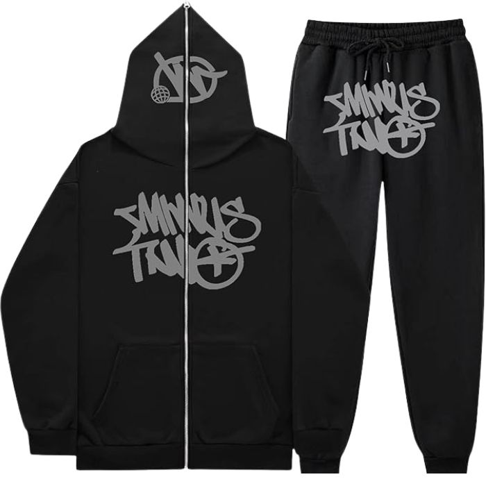 Minus Two Y2K Graffiti Full-Zip Tracksuit Set Black/Grey