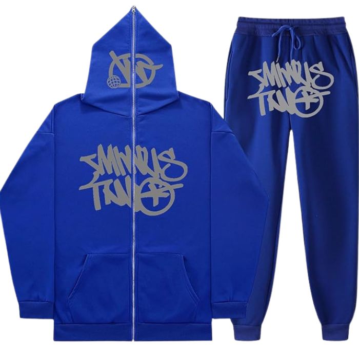 Minus Two Y2K Graffiti Full-Zip Tracksuit Set Blue/Grey