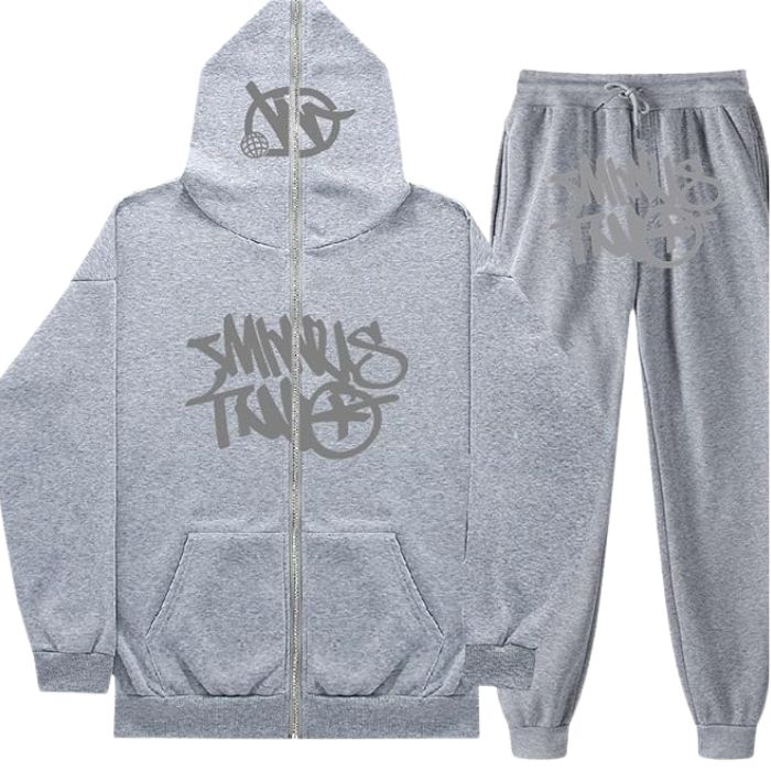 Minus Two Y2K Graffiti Full-Zip Tracksuit Set Grey