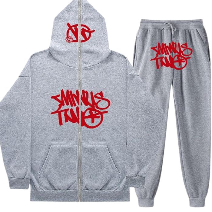 Minus Two Y2K Graffiti Full-Zip Tracksuit Set Grey/Red