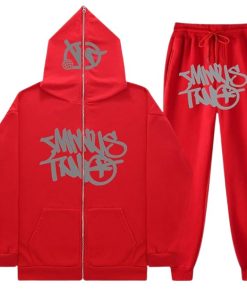 Minus Two Y2K Graffiti Full-Zip Tracksuit Set Red/Grey