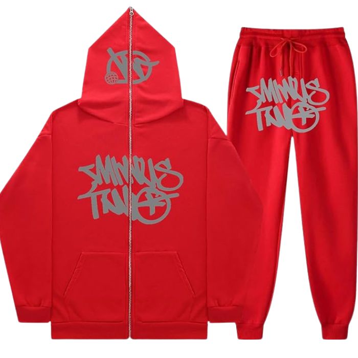Minus Two Y2K Graffiti Full-Zip Tracksuit Set Red/Grey