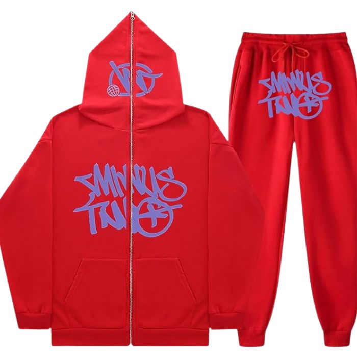 Minus Two Y2K Graffiti Full-Zip Tracksuit Set Red/Purple