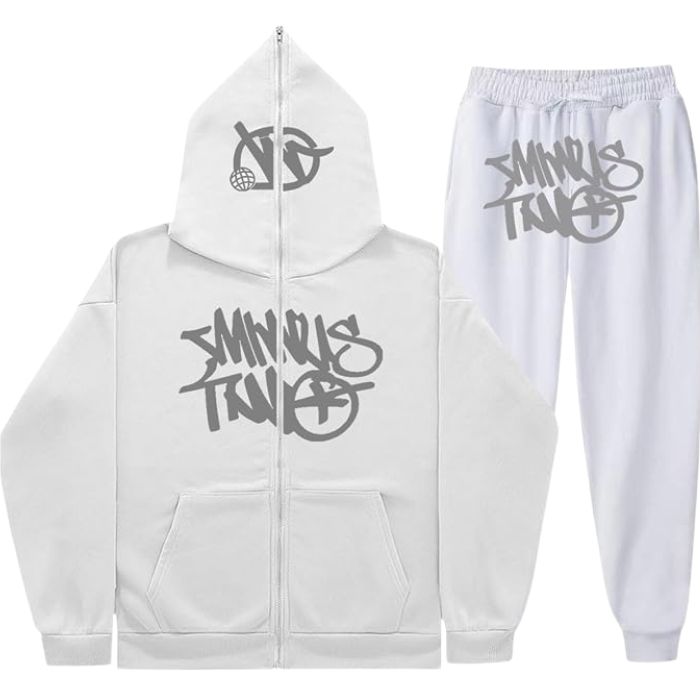 Minus Two Y2K Graffiti Full-Zip Tracksuit Set White/Grey