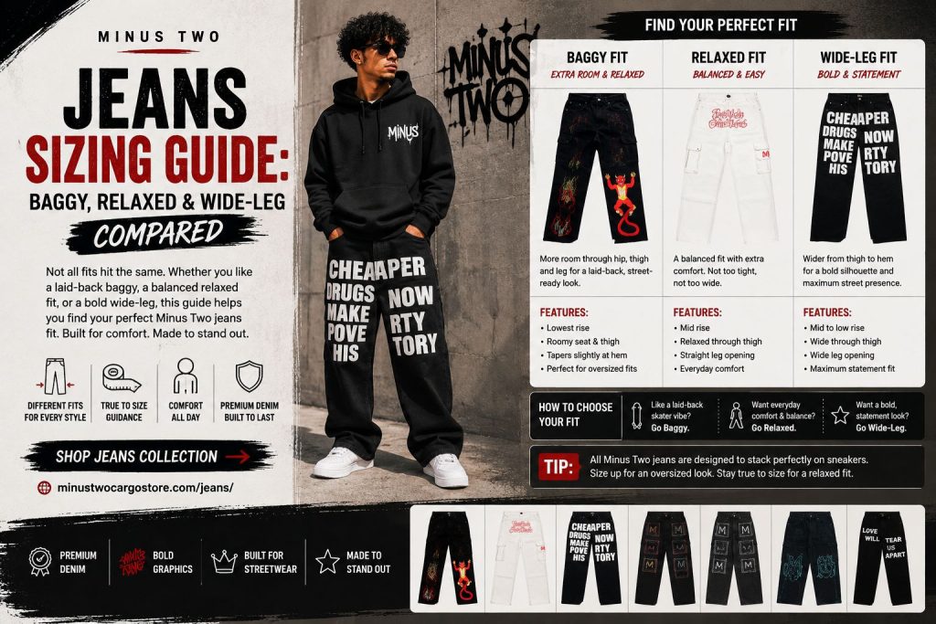 Minus Two Jeans Sizing Guide: Baggy, Relaxed and Wide-Leg Compared